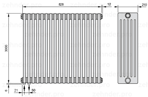 Схема (чертеж) Радиатор Zehnder Charleston 6300/18 №3370 Белый глянцевый RAL 9016